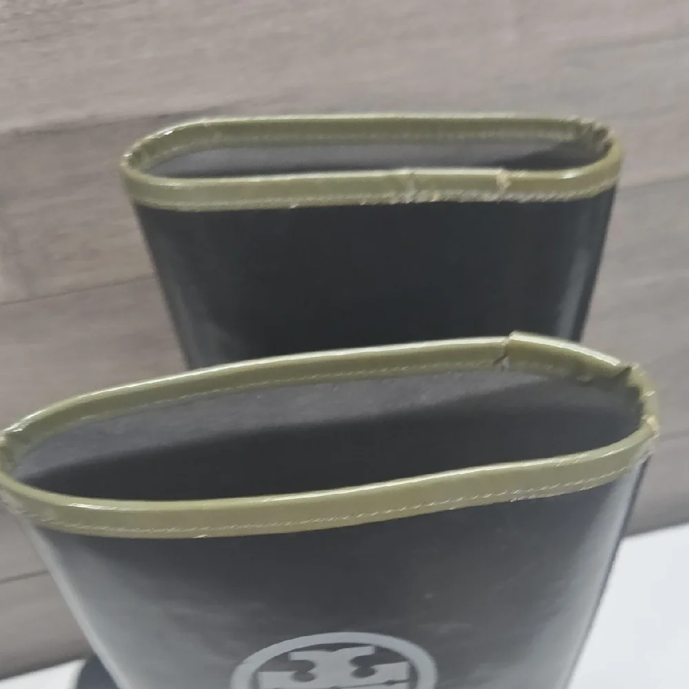 Tory Burch Black/Gray Rain Boots with Logo Sz 9